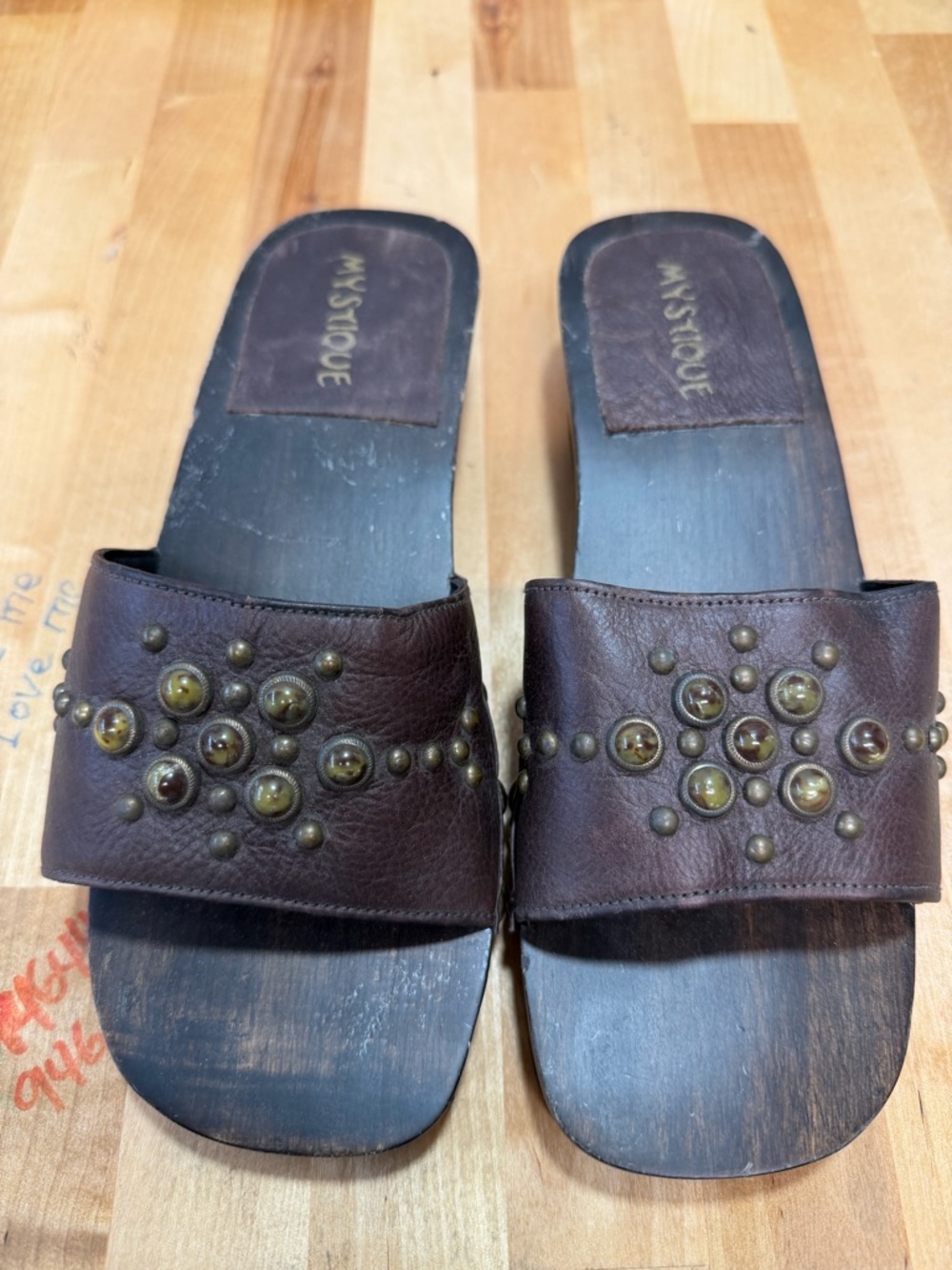 Mystique Boutique Dark Brown Leather Studded Slide Clogs
